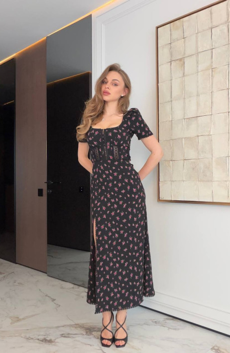 Black floral print midi dress with slit