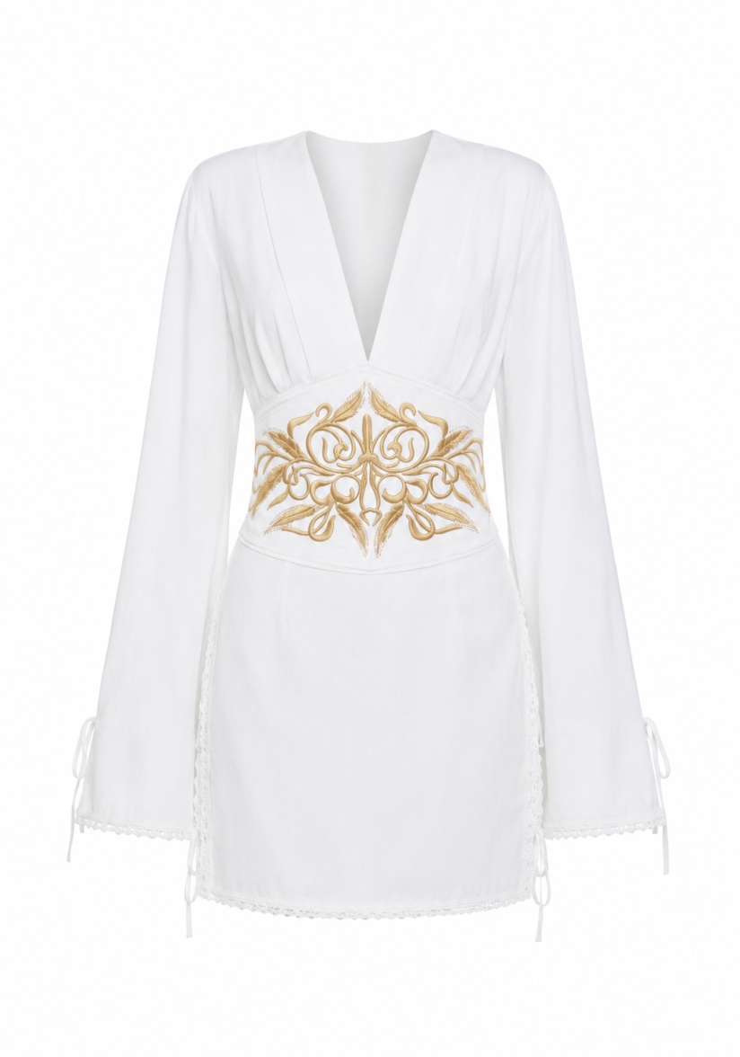 White dress with a statement belt and embroidery